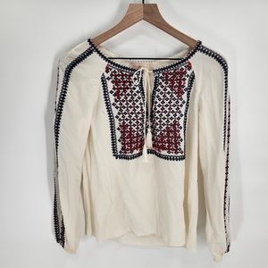 Tory Burch Boho Style Off White Cream Embroidered Silk Peasant Blouse Size 2